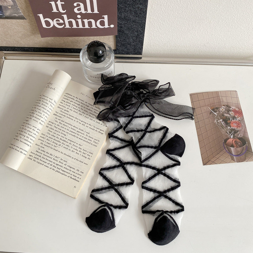 Lace Trim Ribbon Bow Ankle Socks - BowBlack - 1