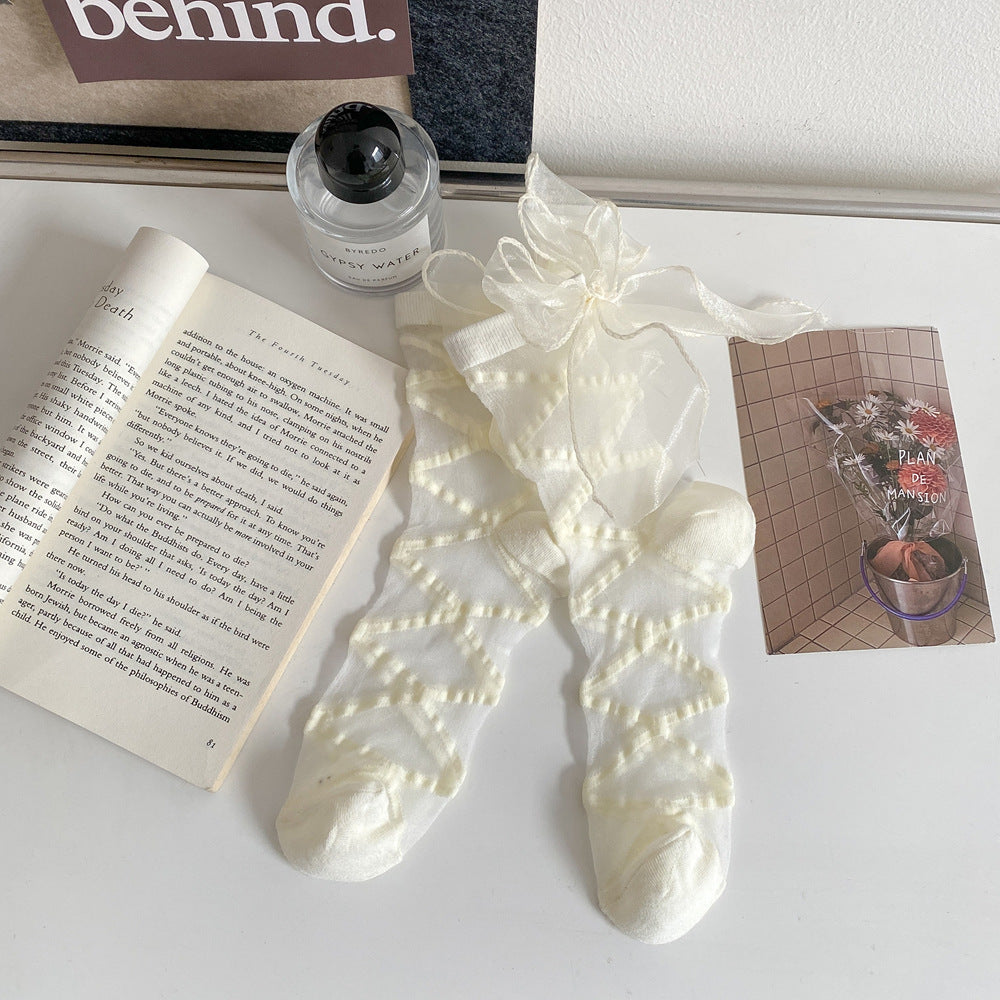 Lace Trim Ribbon Bow Ankle Socks - BowWhite