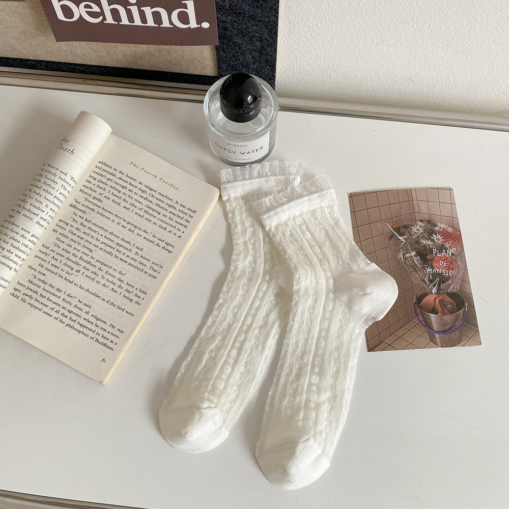 Lace Trim Ribbon Bow Ankle Socks - White