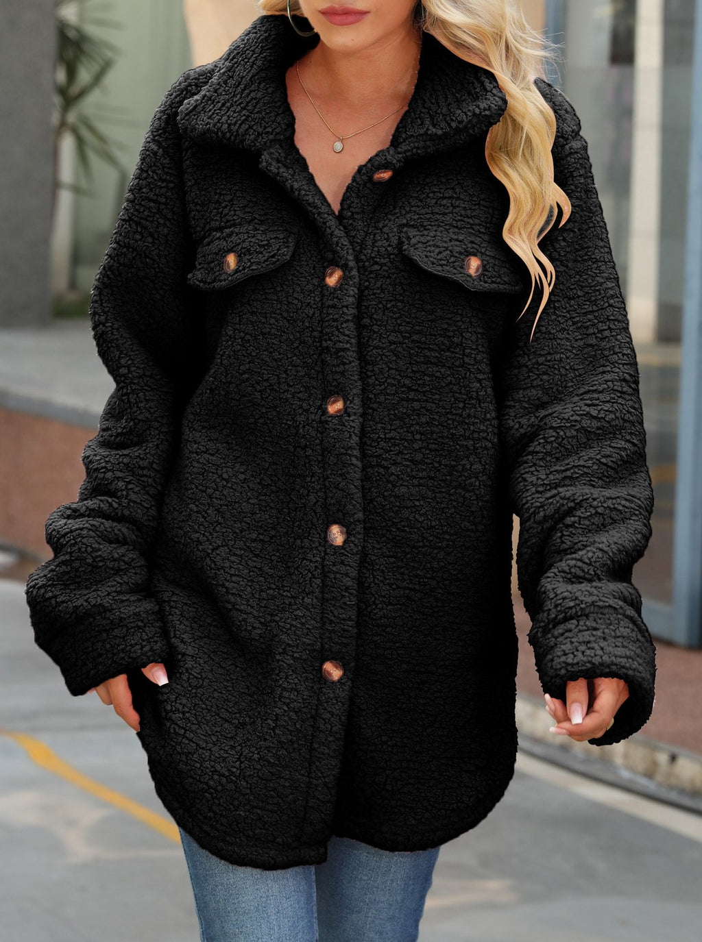 Faux Shearling Button Front Pocket Coat - Black