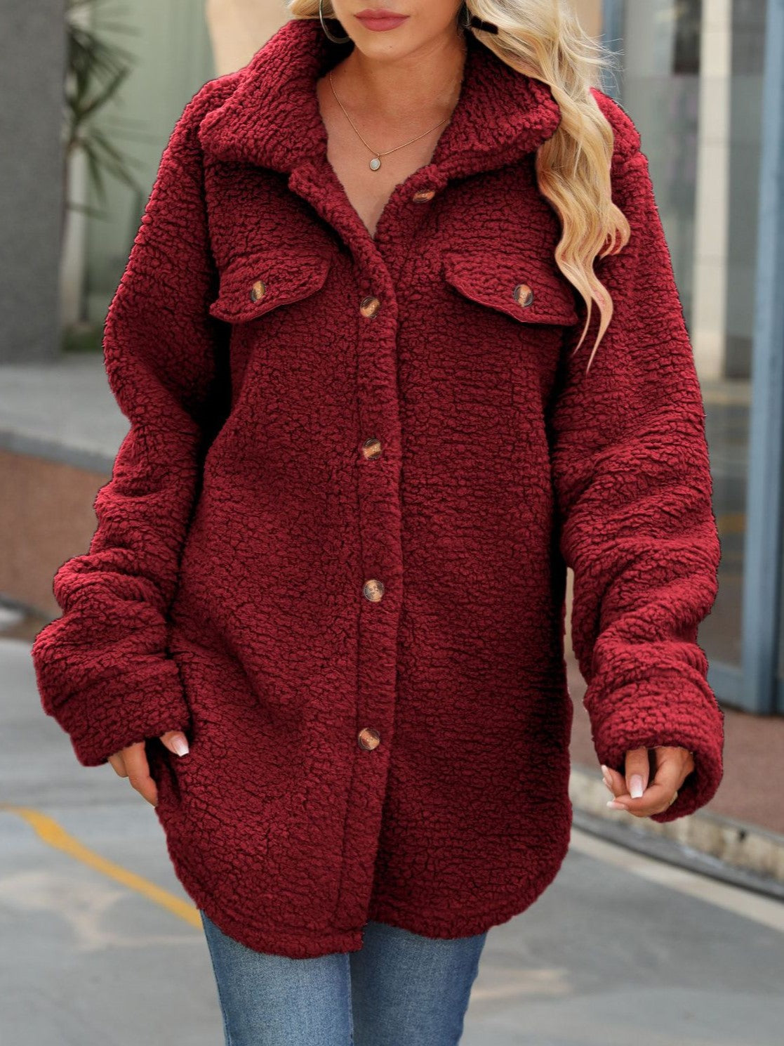 Faux Shearling Button Front Pocket Coat - Winered