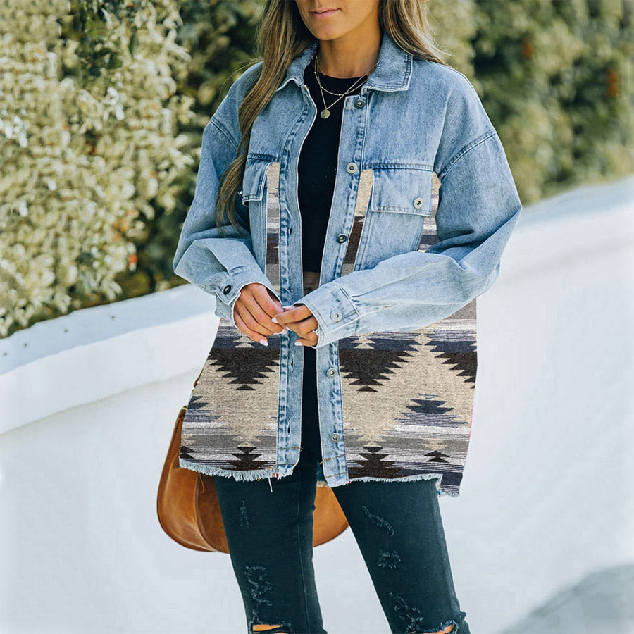 Aztec Patchwork Oversized Denim Shacket - Blue_B - 1