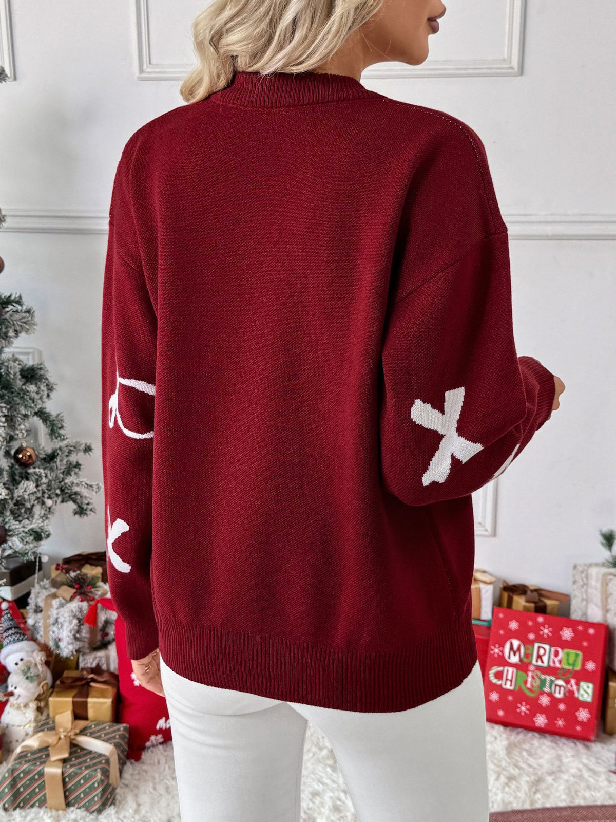 Ribbon Bow Crewneck Knit Pullover Sweater
