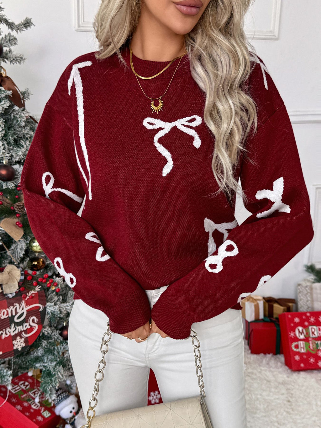 Ribbon Bow Crewneck Knit Pullover Sweater - view 3