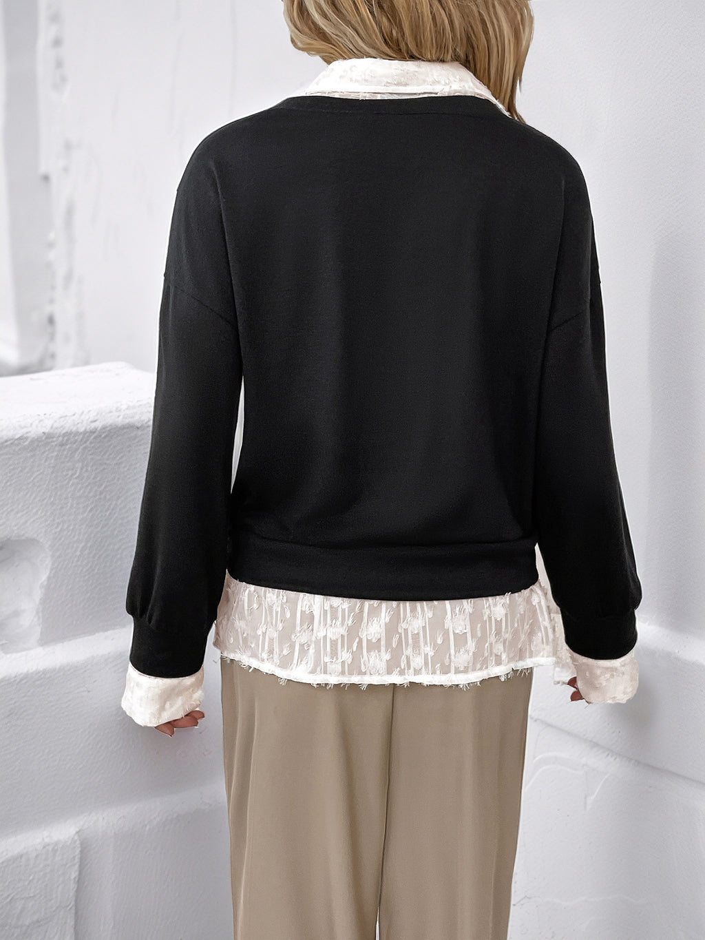 Layered Lace Hem Collared Sweatshirt Top - Black - 4