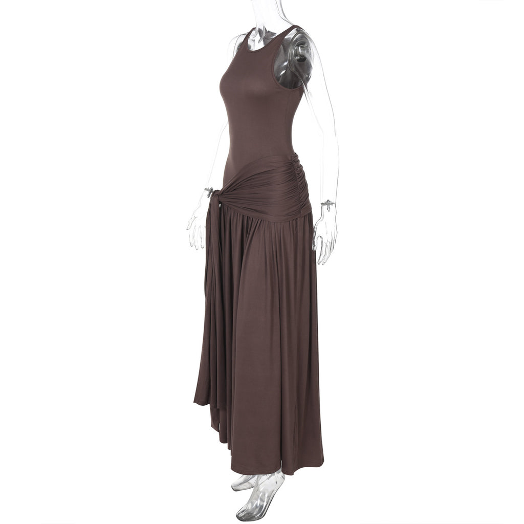 Ruched Drop Waist Sleeveless Maxi Dress - Brown - 1