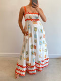 Printed Square Neck Tiered Maxi Sundress - RedWhite
