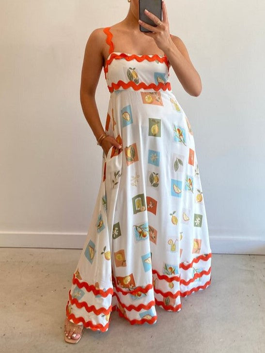 Printed Square Neck Tiered Maxi Sundress - RedWhite