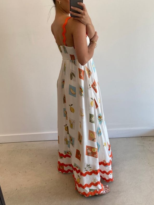 Printed Square Neck Tiered Maxi Sundress - RedWhite - 1