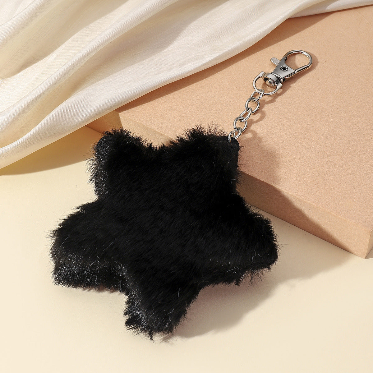 Soft Faux Fur Star Bag Charm Keychain - Black