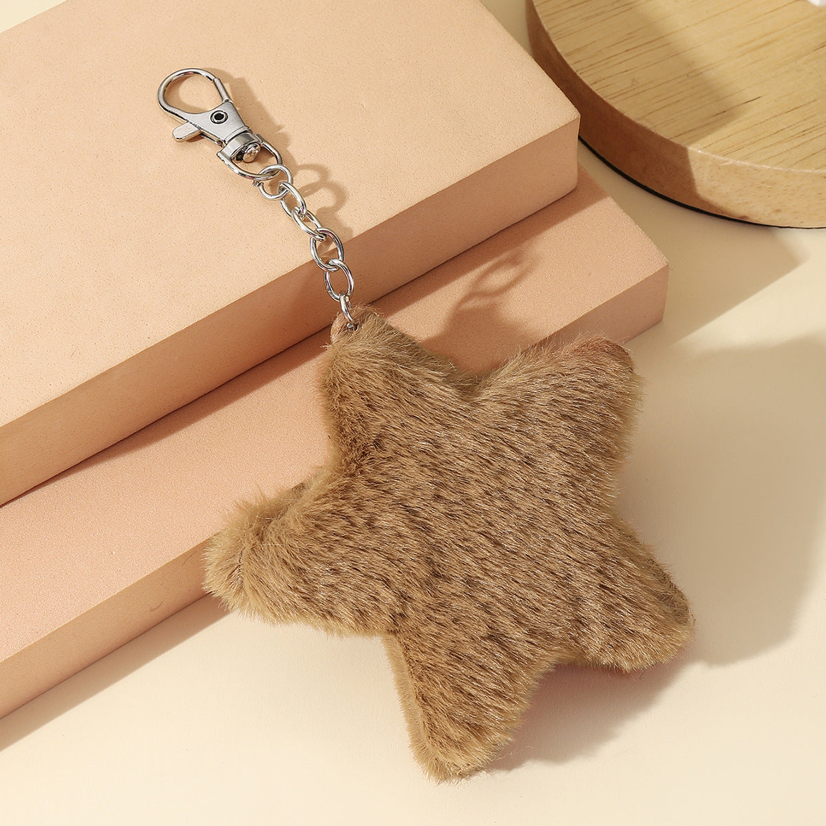 Soft Faux Fur Star Bag Charm Keychain - Khaki