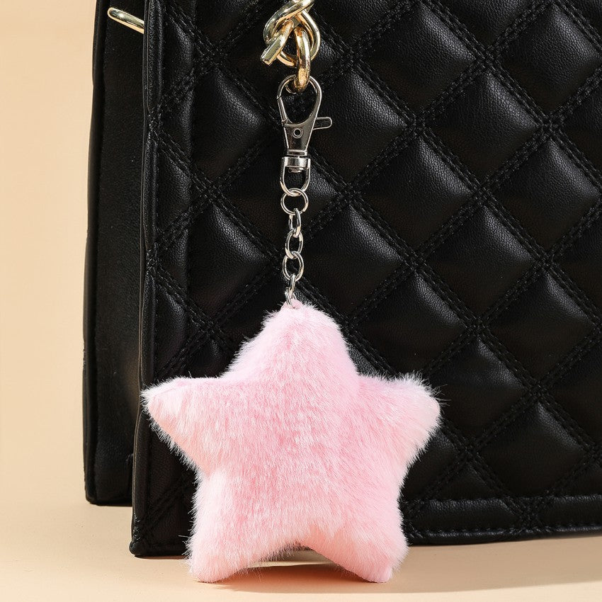 Soft Faux Fur Star Bag Charm Keychain - Pink