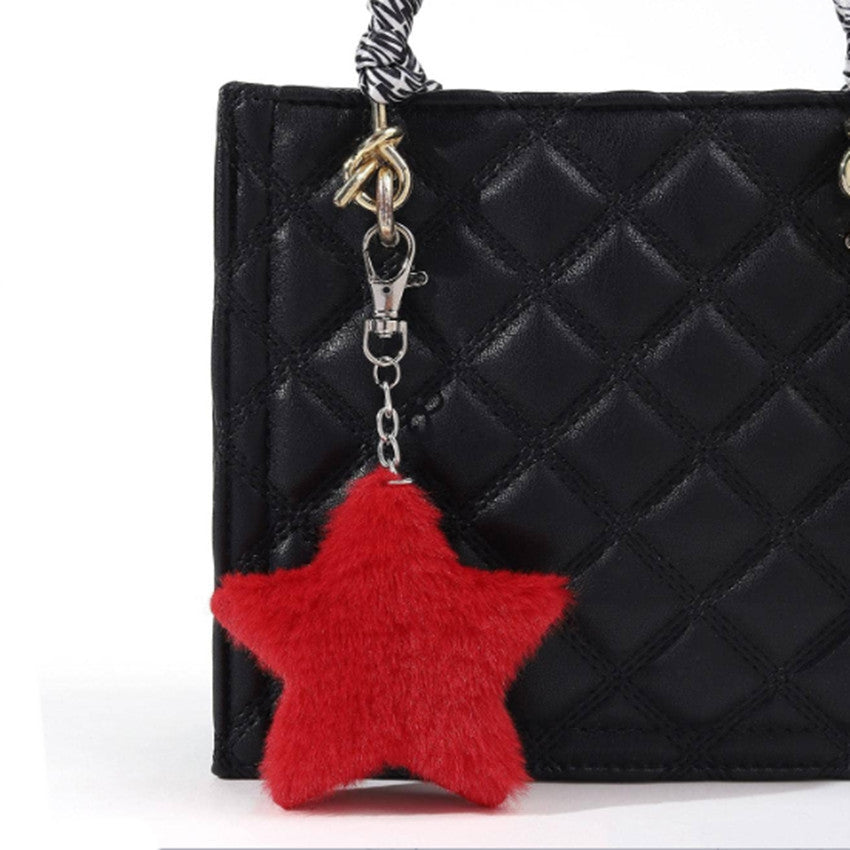Soft Faux Fur Star Bag Charm Keychain - Red