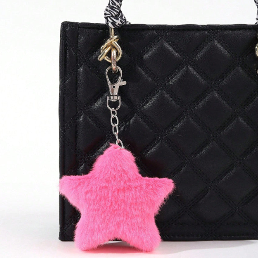 Soft Faux Fur Star Bag Charm Keychain - Rose