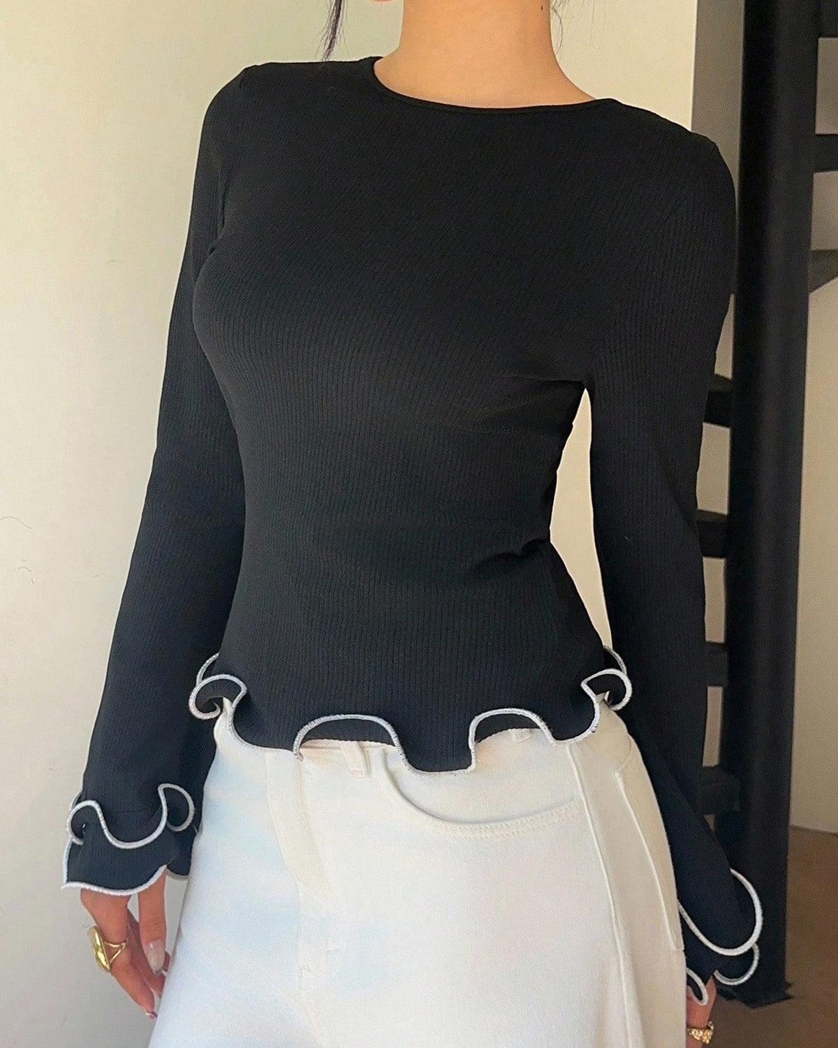 Ruffle Trim Tie Back Long Sleeve Tee - Black