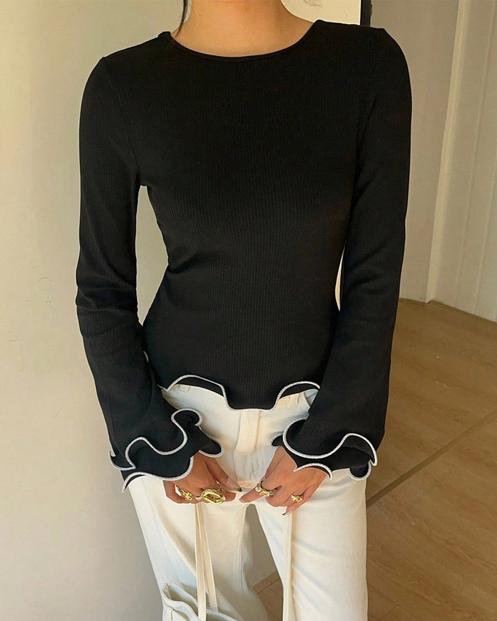 Ruffle Trim Tie Back Long Sleeve Tee - Black - 2