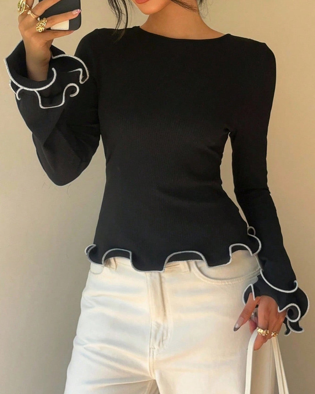 Ruffle Trim Tie Back Long Sleeve Tee - Black - 3