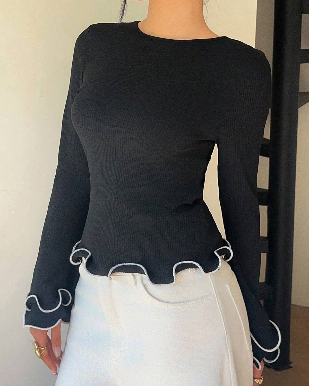 Ruffle Trim Tie Back Long Sleeve Tee