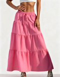 Tiered Crinkle Maxi Skirt With Drawstring Waist - Pink