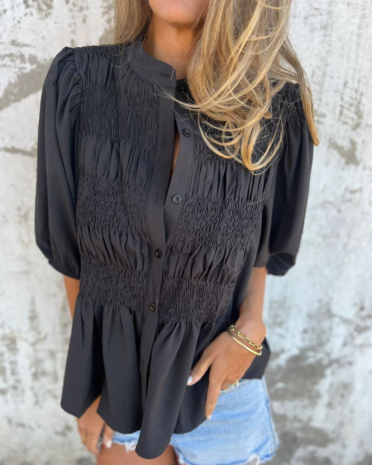 Smocked Bodice Puff Sleeve Peplum Shirt - Black