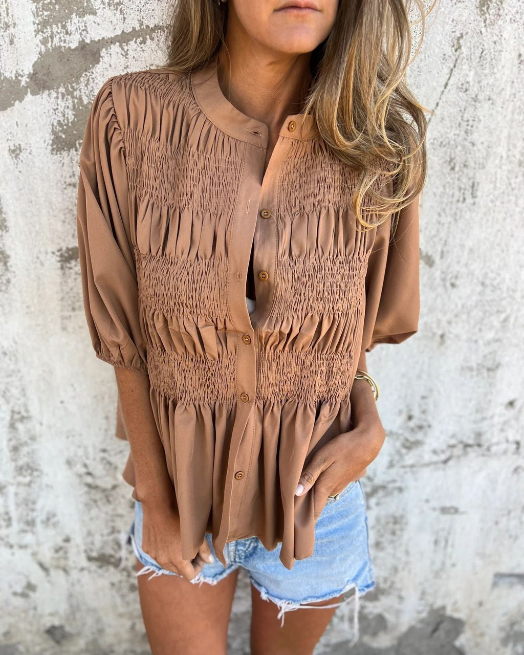 Smocked Bodice Puff Sleeve Peplum Shirt - Brown