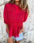 Smocked Bodice Puff Sleeve Peplum Shirt - Red