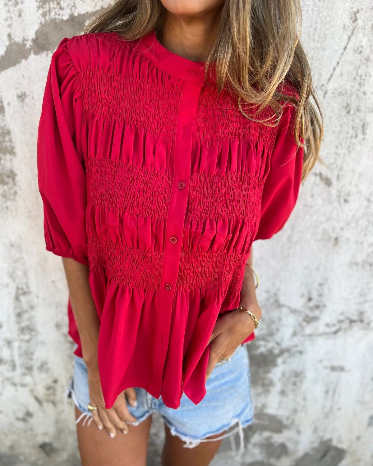 Smocked Bodice Puff Sleeve Peplum Shirt - Red