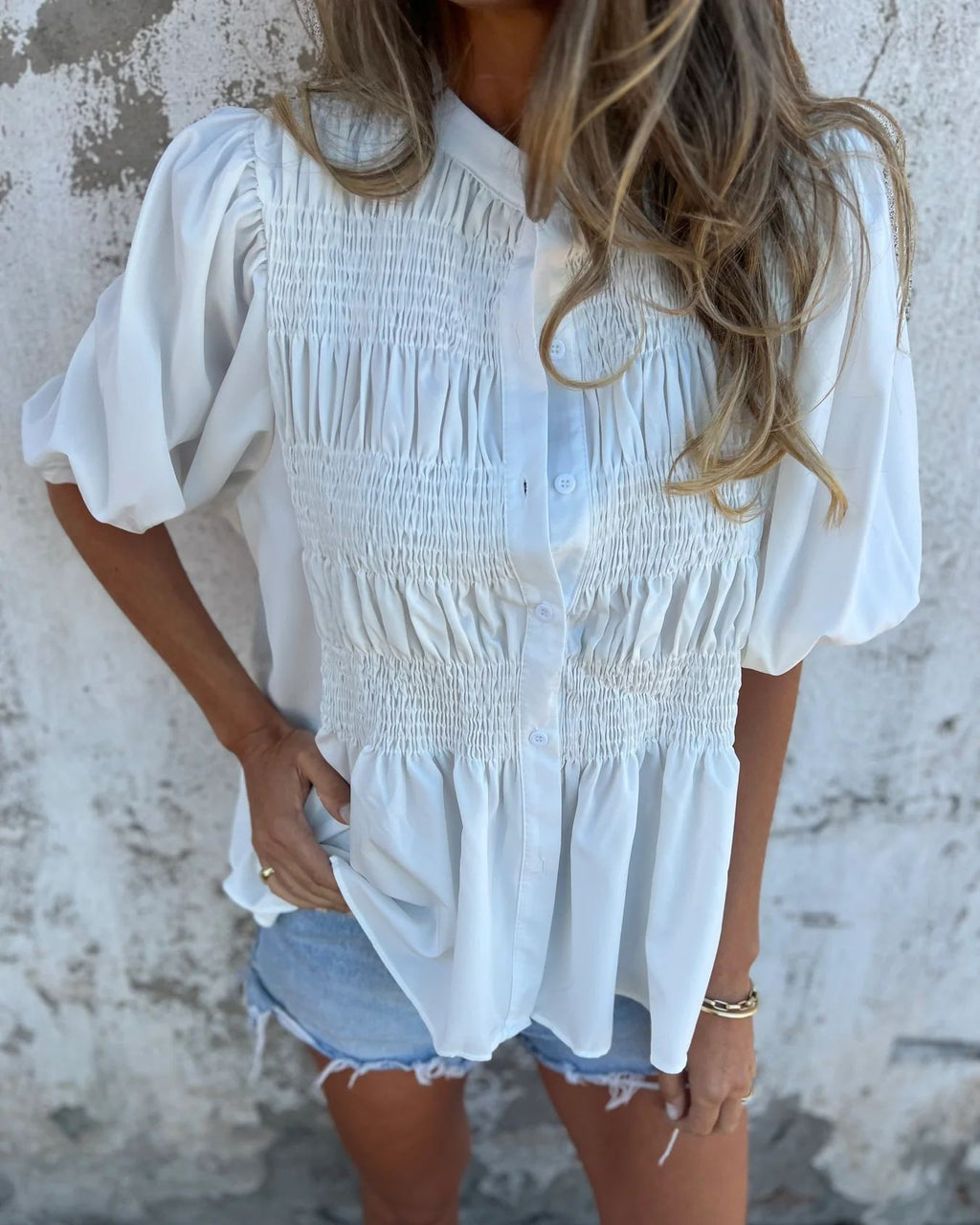 Smocked Bodice Puff Sleeve Peplum Shirt - White