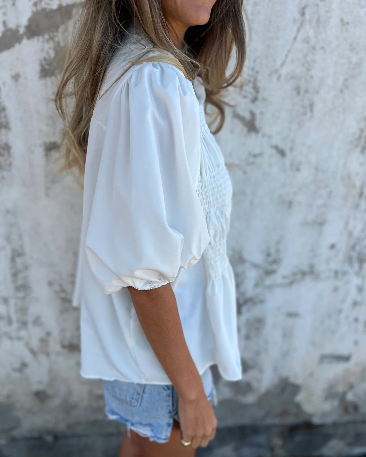 Smocked Bodice Puff Sleeve Peplum Shirt - White - 1