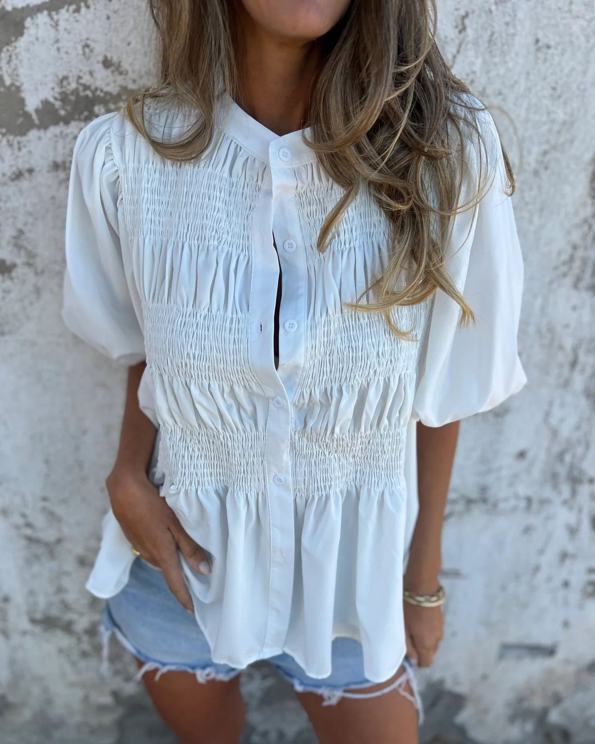 Smocked Bodice Puff Sleeve Peplum Shirt - White - 3