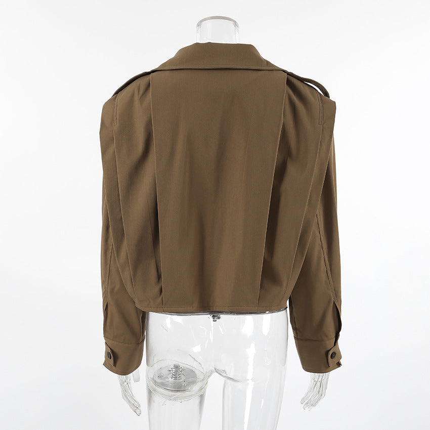 Cropped Boxy Lapel Utility Jacket - Khaki - 2