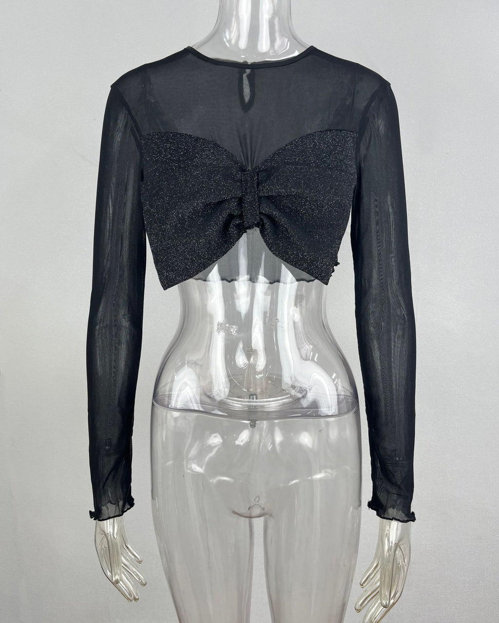 Glitter Bow Sheer Mesh Cropped Blouse - Black - 1
