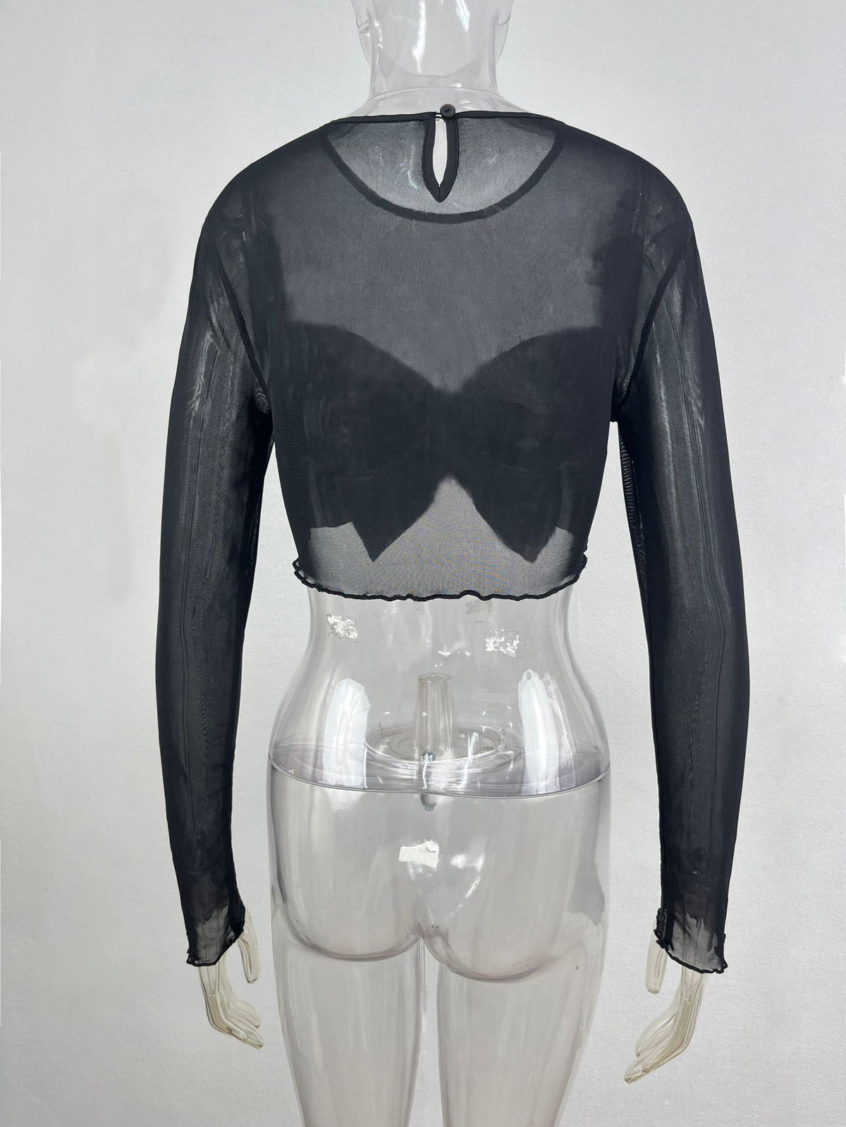 Glitter Bow Sheer Mesh Cropped Blouse - Black - 2