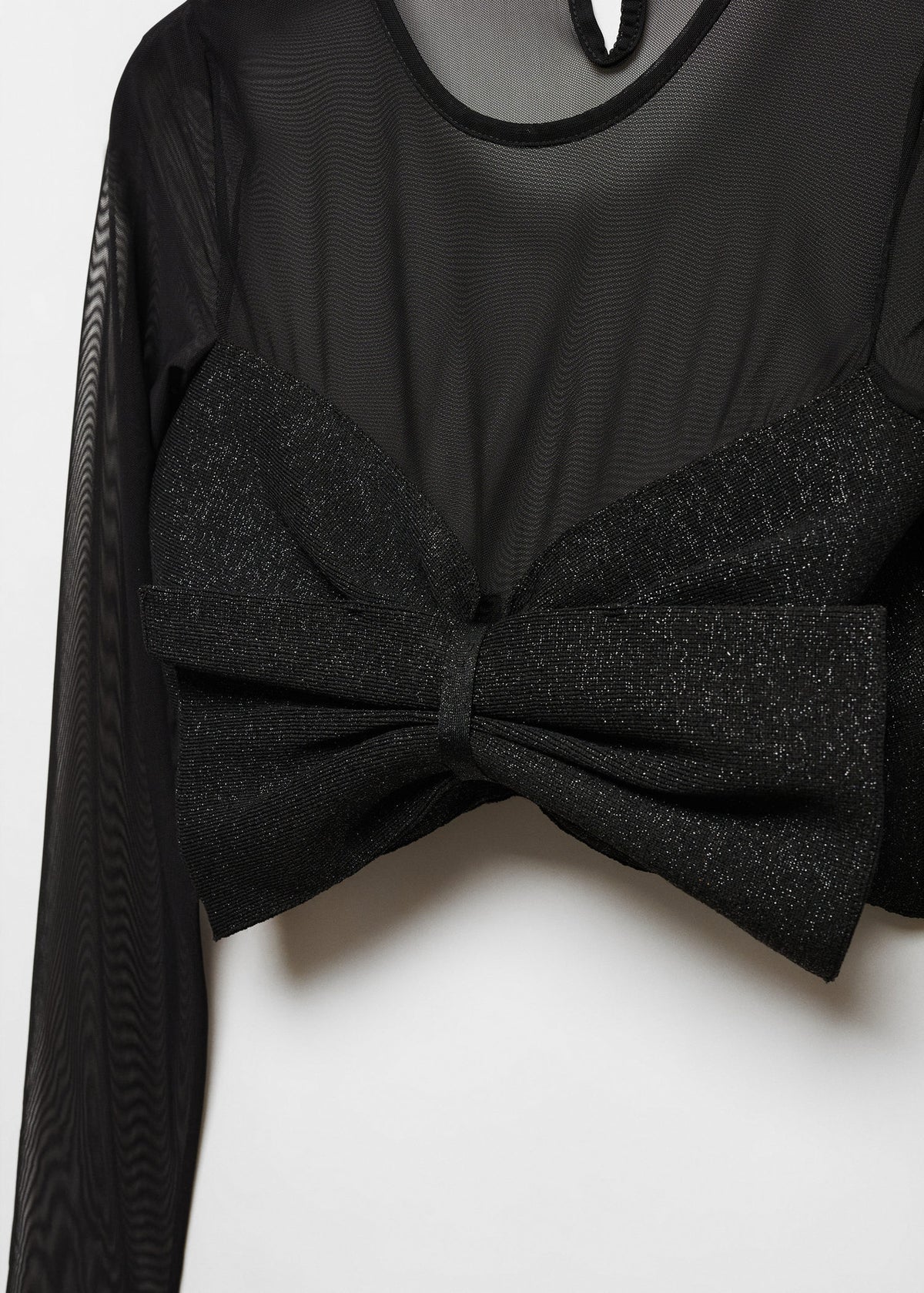 Glitter Bow Sheer Mesh Cropped Blouse - Black - 4