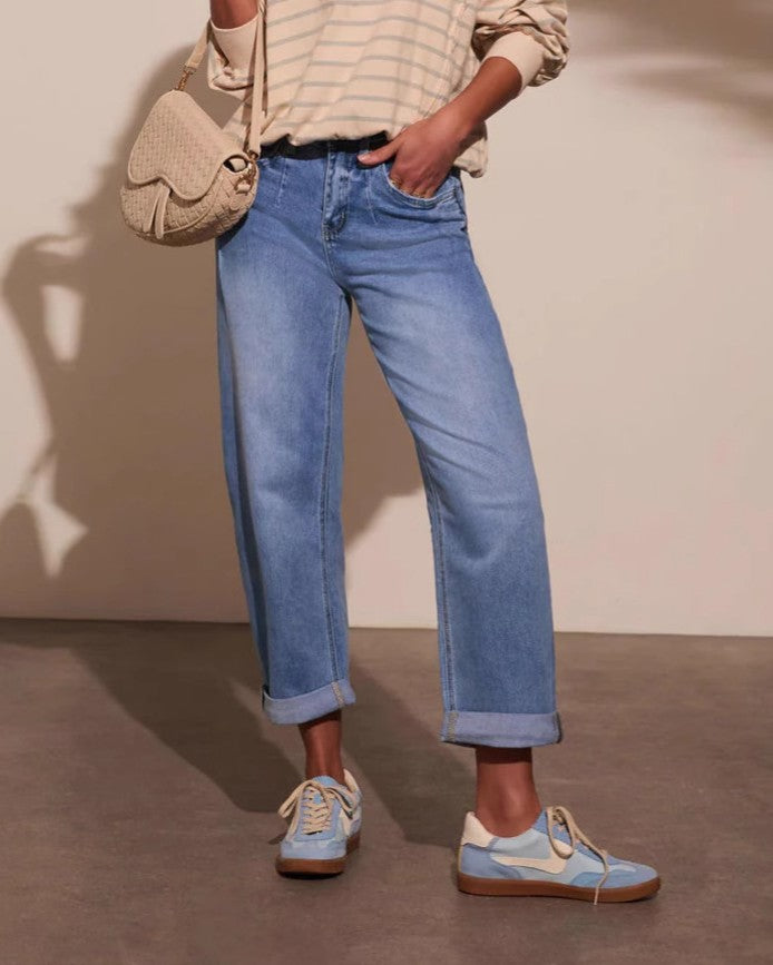 Cuffed Hem Straight Leg Cropped Jeans - Blue - 1