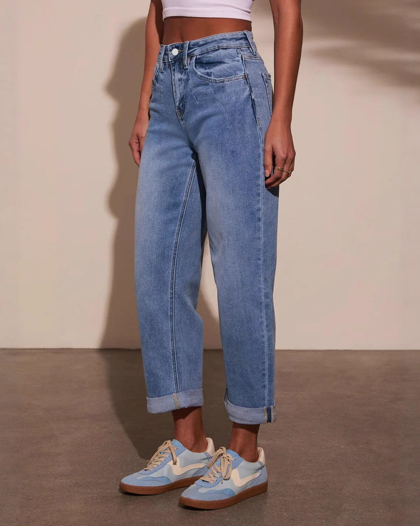 Cuffed Hem Straight Leg Cropped Jeans - Blue - 2