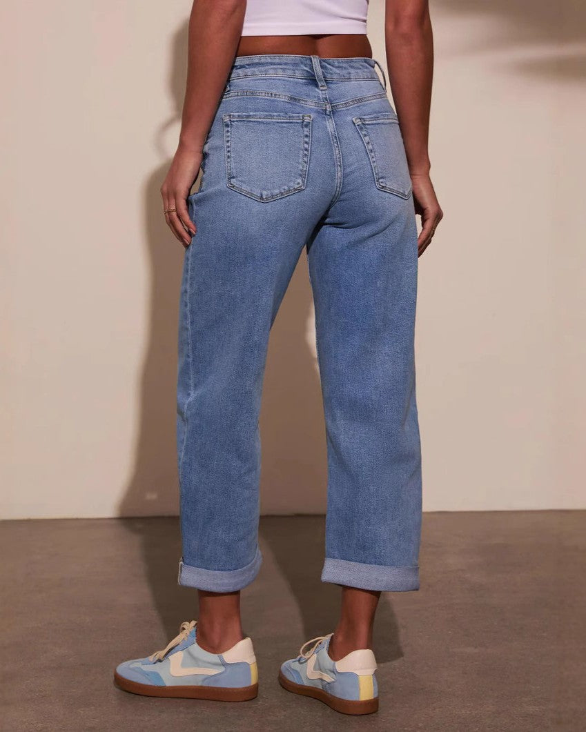 Cuffed Hem Straight Leg Cropped Jeans - Blue - 3