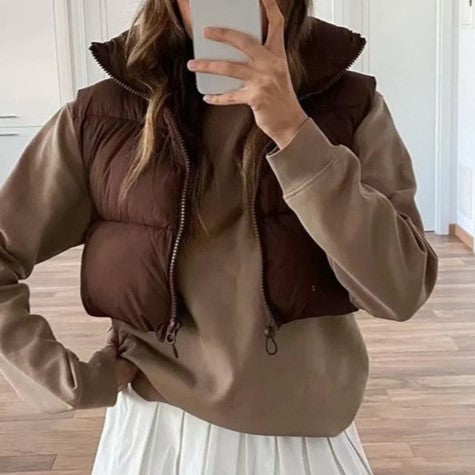 Cropped Quilted Puffer Vest Funnel Neck - Brown