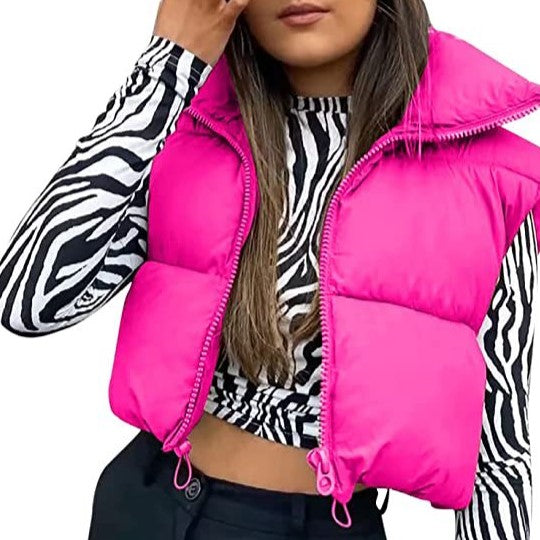 Cropped Quilted Puffer Vest Funnel Neck - Fuchsia
