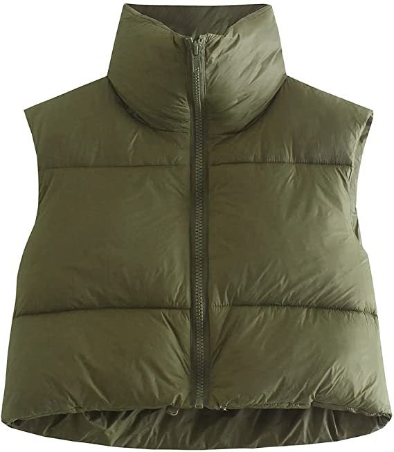 Cropped Quilted Puffer Vest Funnel Neck - Olive