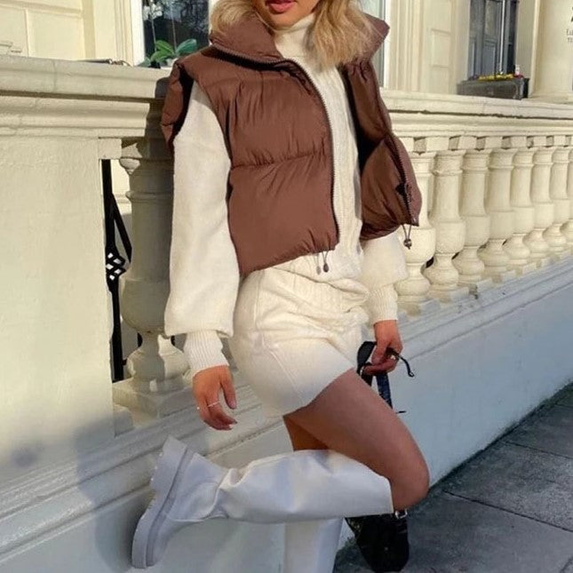 Cropped Quilted Puffer Vest Funnel Neck