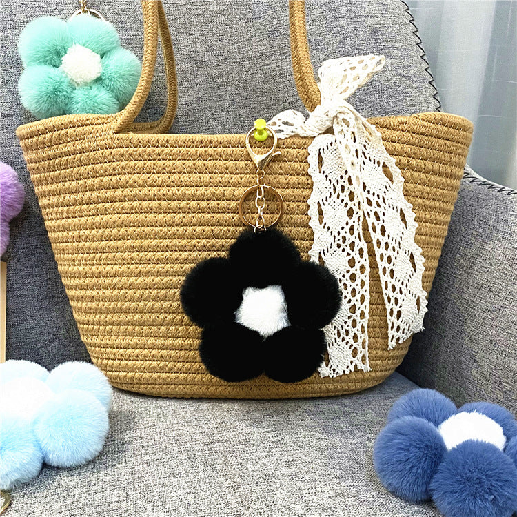 Plush Flower Pom Pom Bag Charm Keychain - Black