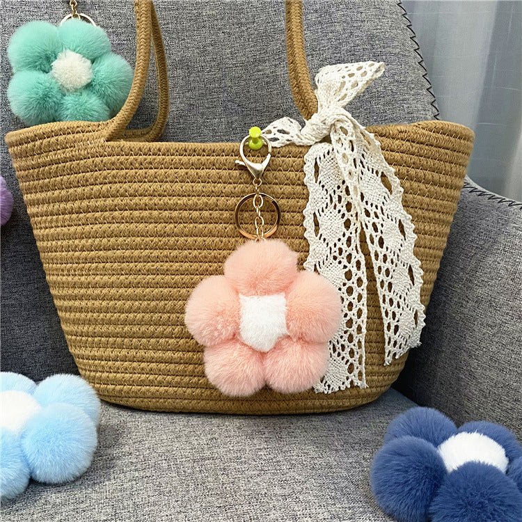 Plush Flower Pom Pom Bag Charm Keychain - Darkpink