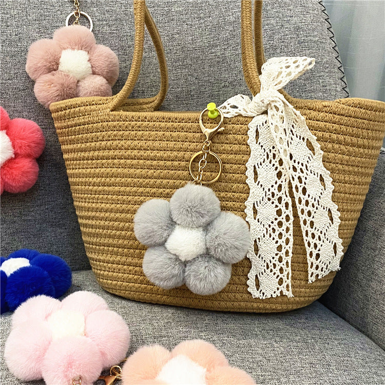 Plush Flower Pom Pom Bag Charm Keychain - Grey