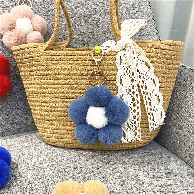 Plush Flower Pom Pom Bag Charm Keychain - Hazeblue