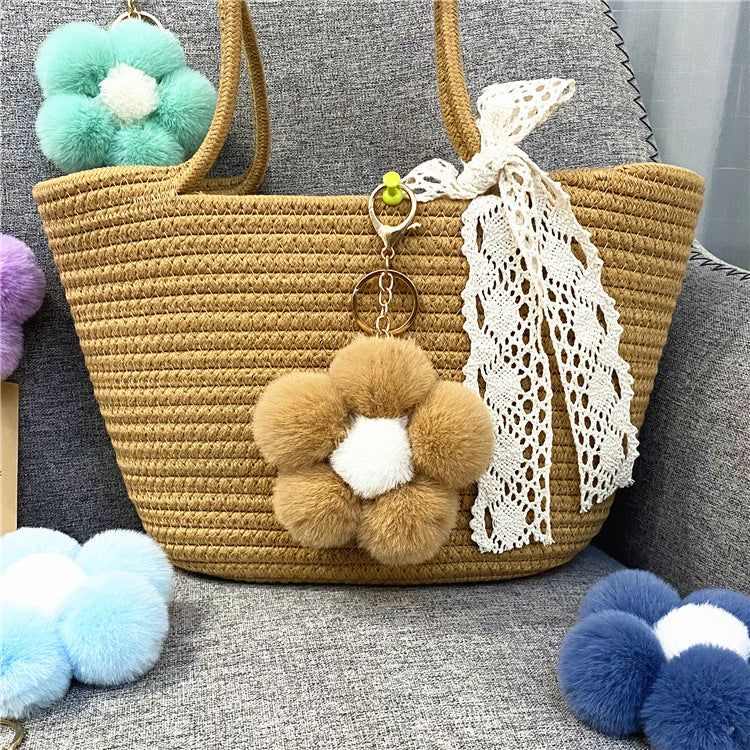Plush Flower Pom Pom Bag Charm Keychain - Khaki