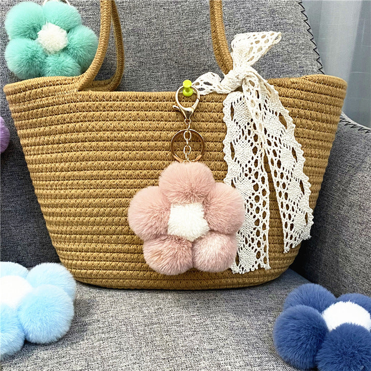 Plush Flower Pom Pom Bag Charm Keychain - Lotuspink