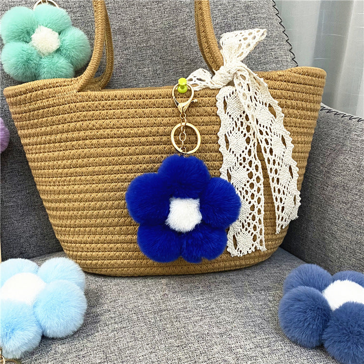Plush Flower Pom Pom Bag Charm Keychain - Navyblue