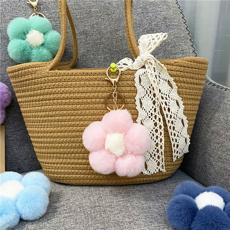 Plush Flower Pom Pom Bag Charm Keychain - Pink