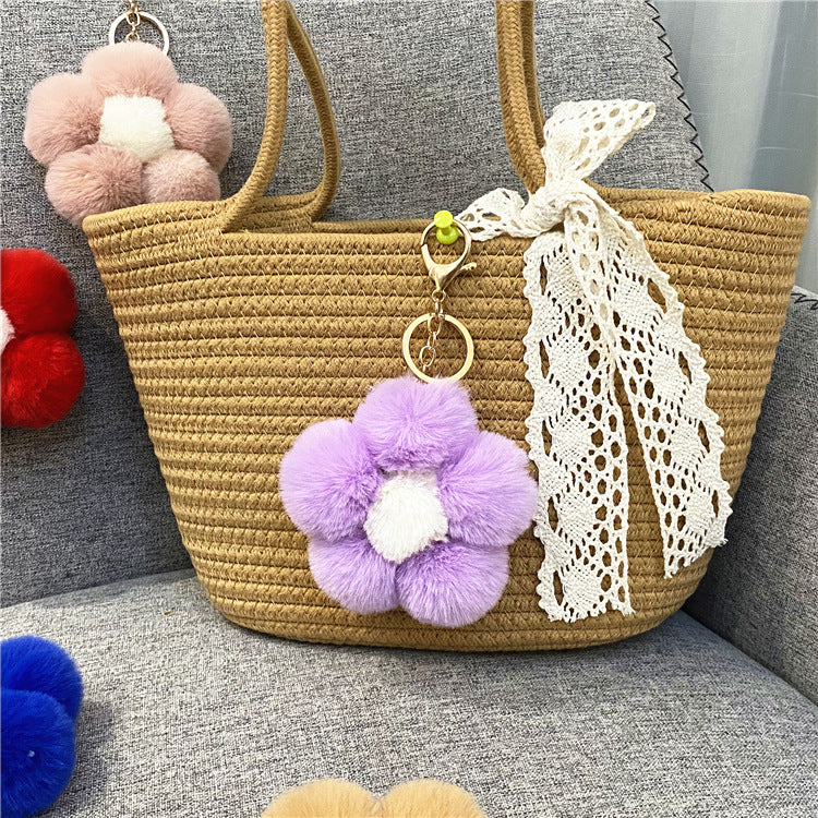 Plush Flower Pom Pom Bag Charm Keychain - Purple